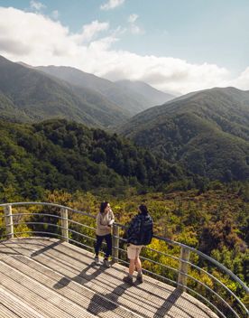 Two hikers stop to take in the view from Rocky Lookout on MountHoldsworth in Tararua Forest Park.