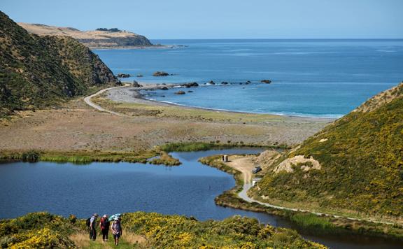 Three people hiking beside Pencarrow Lakes in Eastbourne, New Zealand.