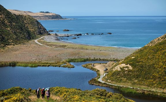 The trail around Pencarrow Lakes and Eastbourne Lighthouse. Green hills meet with the blue ocean and lakes, and the white lighthouse is in the distance.