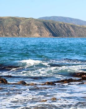 Breaker Bay on a sunny day, blue and green waves crashing on the stoney shore, with green cliffs surrounding.