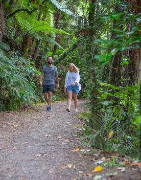 2 poeple walk along the East harbour Regional park Kowhai Street track.