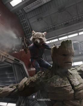 A still from Guardians of the Galaxy 3. Rocket Racoon stands on Groot’s shoulders.