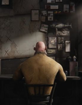 A lone fisherman sits at a desk in a dimly lit cabin covered with maps, notes, and fish specimens from the animated short film The Catch.