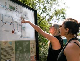 Two people pointing at a sign on the Greytown to Woodside trail.