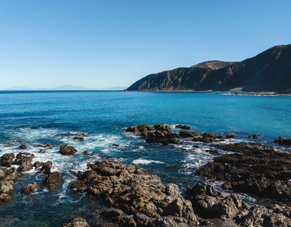 The bright blue water and rugged coastline at Red Rocks on Wellington's south coast.