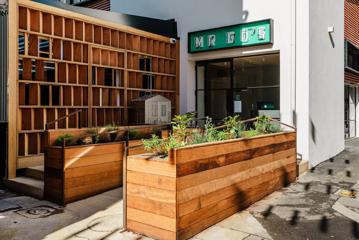 The front door of Mr Go's restaurant located on Eva Street in Wellington's city centre with wooden garden beds, white walls and a green sign.