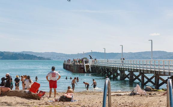 Days Bay beach in Eastbourne, Lower Hutt on a sunny summer's day. There are people swimming and hanging out on the pier.