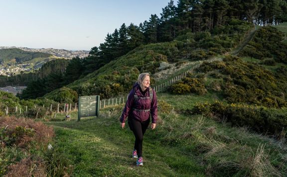 A person walks toward the camera up a grassy hill on the Seven Pines track in Ngā Ara o Rangituhi.