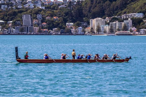 16 people paddle a waka in the Wellington Harbour.