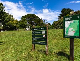 Two informative signposts in George Denton Park at Waimapihi Reselve.