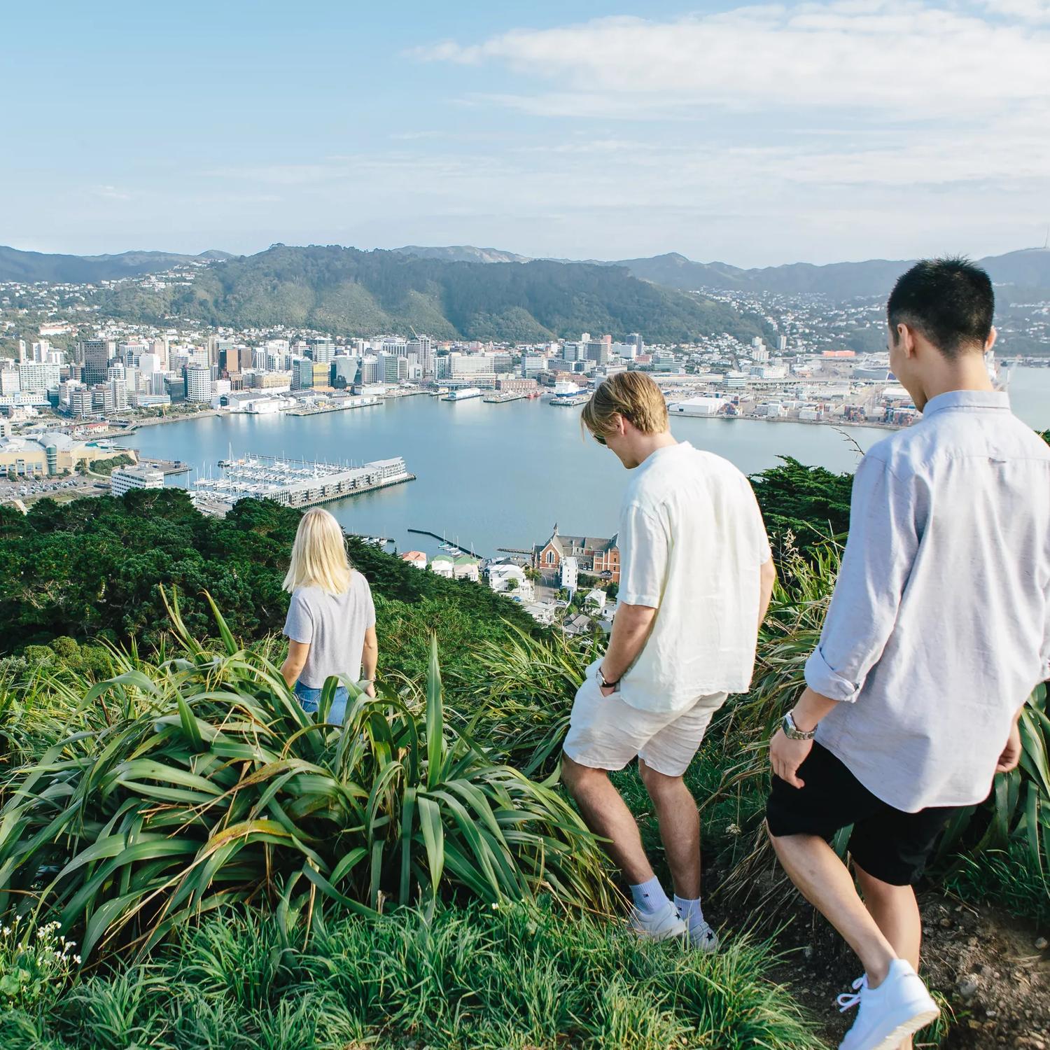 Three people walking at the summit of Mount Victoria with a view of Wellington city in the background. 