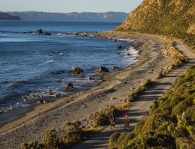 2 bikers on Pencarrow Coast Road, with the Wellington Harbour in the background.