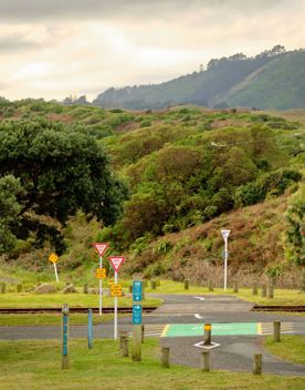 A walking path crossing on a road at Queen Elizabeth Park.