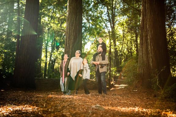 Two adults and three children stand in the middle of the forest, admiring the nature at Pūkaha National Wildlife Centre.