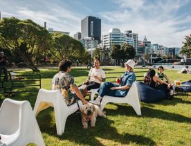 Three friends and their dog enjoy drinks and sunshine at St John's Bar on Wellington's waterfront.