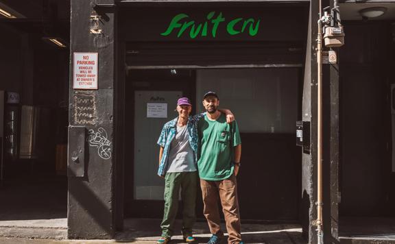 Fruit Cru owners, Jesse Phillips and Cosmo Hawke, outside of their workshop on Holland Street in Te Aro, Wellington.