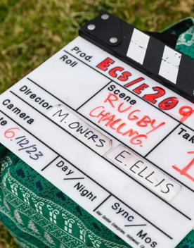 A clapperboard from behind the scenes of filming ‘Extreme Cake Sports’. 