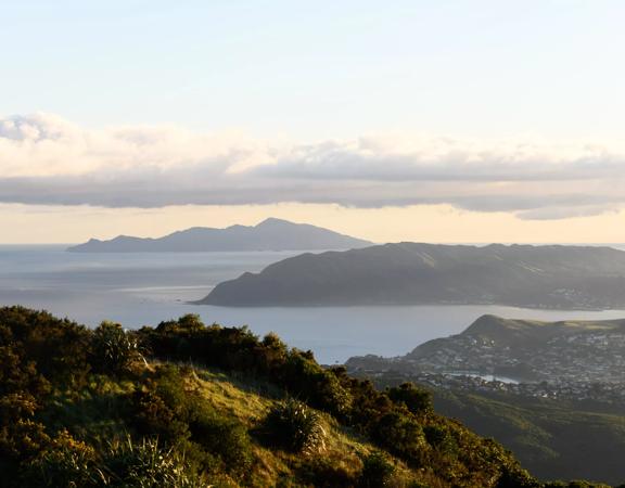 A scenic view of Porirua Harbour from  Colonial Knob Walkway on Mount Rangituhi in on a misty dawn. 