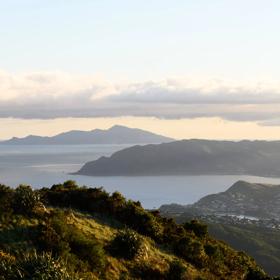 A scenic view of Porirua Harbour from  Colonial Knob Walkway on Mount Rangituhi in on a misty dawn. 