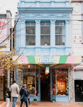 The storefront of Iko Iko, a colourful, quirky gift shop on Cuba Street in Te Aro. 