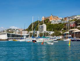 Looking across Wellington's harbour with Clyde Quay Boat Harbour in the foreground and St Gerard's Church and Monastery on the hill.