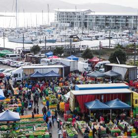 An aerial view of the bustling Habourside Market in Te Aro Wellington. There are tents set up, heaps of colourful produce and many people shopping. 