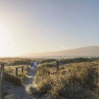 People walking along the sand dune path onto Paraparaumu beach, Kapiti island seen offshore.