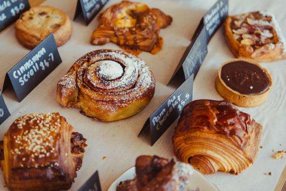 A close up of some sweet pastry sweets inside of Jean’s.