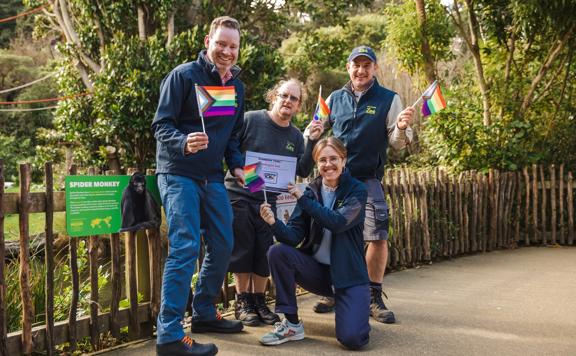 Four smiling Wellington Zoo  employees holding LGBTQAI+ flags and their Rainbow Tick accreditation certificate.