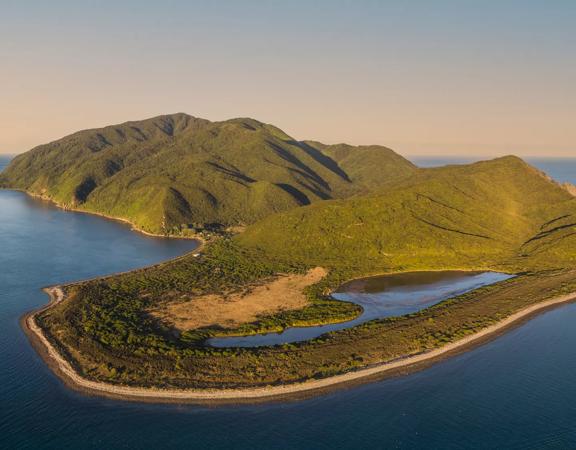 Drone shot of kapiti island from the north end, where it is shaped like a heart.