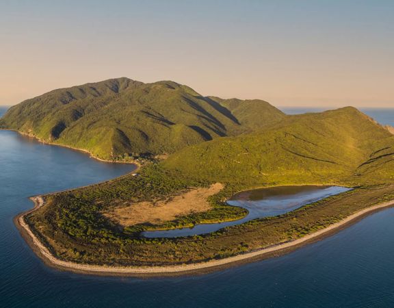 Drone shot of kapiti island from the north end, where it is shaped like a heart.