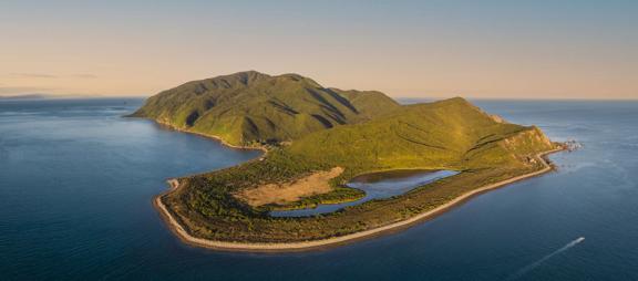 Drone shot of kapiti island from the north end, where it is shaped like a heart.