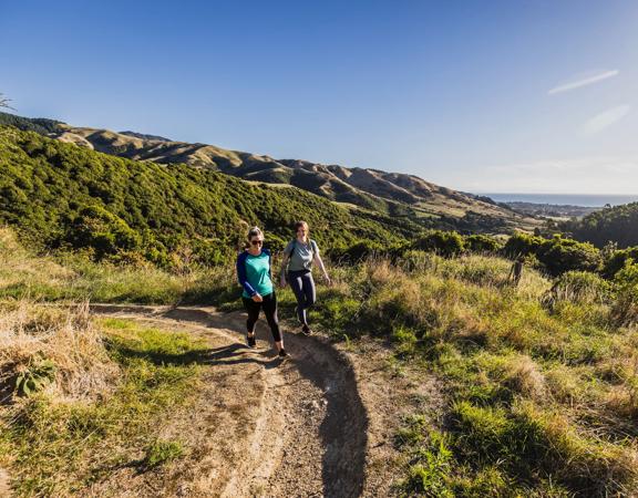 Two people walking on a dirt track, surounded by rolling hills on a sunny day.