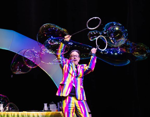 The Bubble Spectacular performance, where Dr Hubble conjures up a fun-filled, bubbly world.