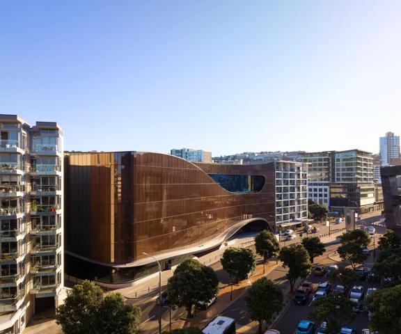 A drone shot of the Tākina Wellington Convention & Exhibition Centre located at 55 Cable Street, Te Aro, Wellington.