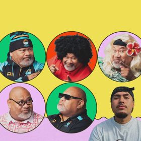 A bright graphic collage on a yellow background showing six circular portraits of Tofiga styled in different outfits and personas, arranged in two rows, with Laban Miller wearing a cap and grey shirt standing at the lower right edge.