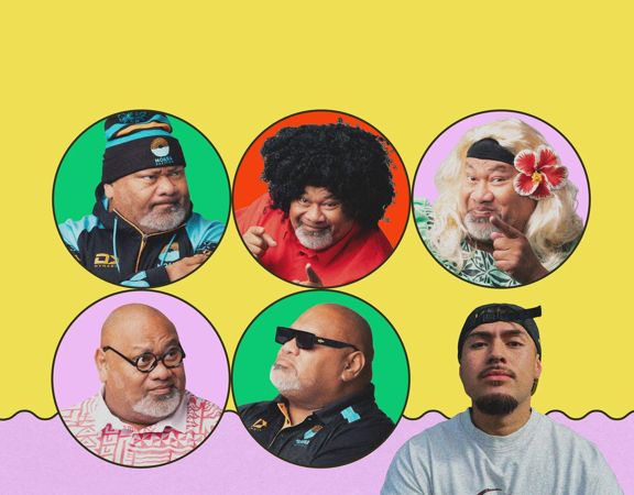 A bright graphic collage on a yellow background showing six circular portraits of Tofiga styled in different outfits and personas, arranged in two rows, with Laban Miller wearing a cap and grey shirt standing at the lower right edge.
