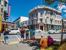 The corner of Vivian Street and Cuba Street on a bright sunny day. 