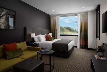 A modern hotel room with a dark grey accent wall, olive-green couch, brown carpet, a queen-sized bed and a window on the back wall.