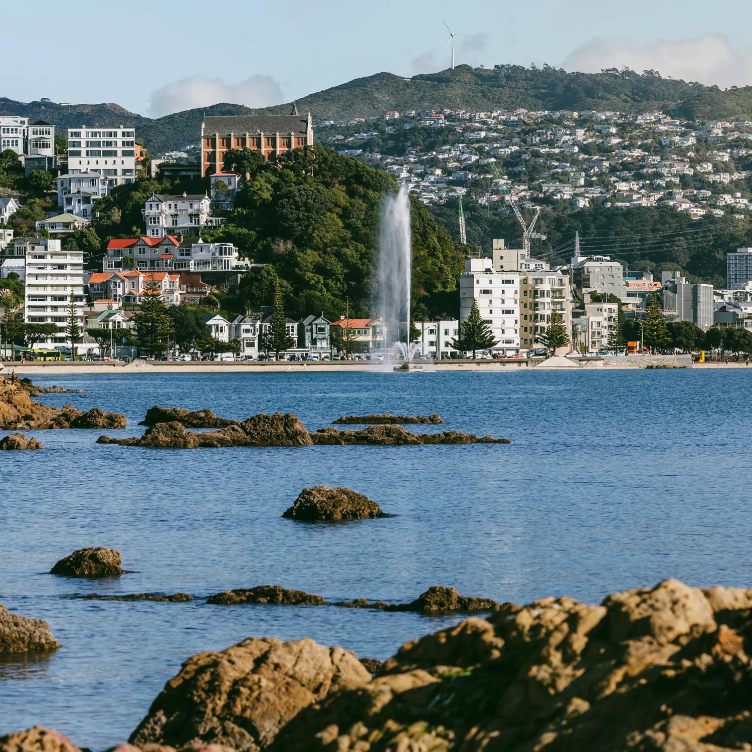 Looking towards Oriental Bay over some rocks, the fountain can be seen as well as the beach, houses, the city in the background, and Freyburg pools.
