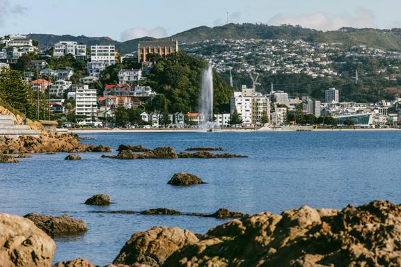 Looking towards Oriental Bay over some rocks, the fountain can be seen as well as the beach, houses, the city in the background, and Freyburg pools.