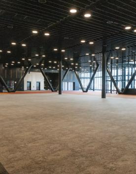 The screen location of Tākina, the large convention centre with unique designs and large open industrial feeling spaces.