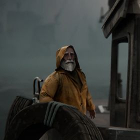 Hooded figure in a yellow raincoat aboard a fishing boat in dense fog, from the animated short film The Catch.