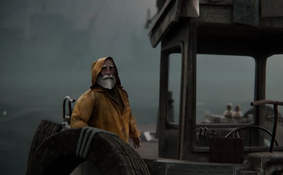 Hooded figure in a yellow raincoat aboard a fishing boat in dense fog, from the animated short film The Catch.