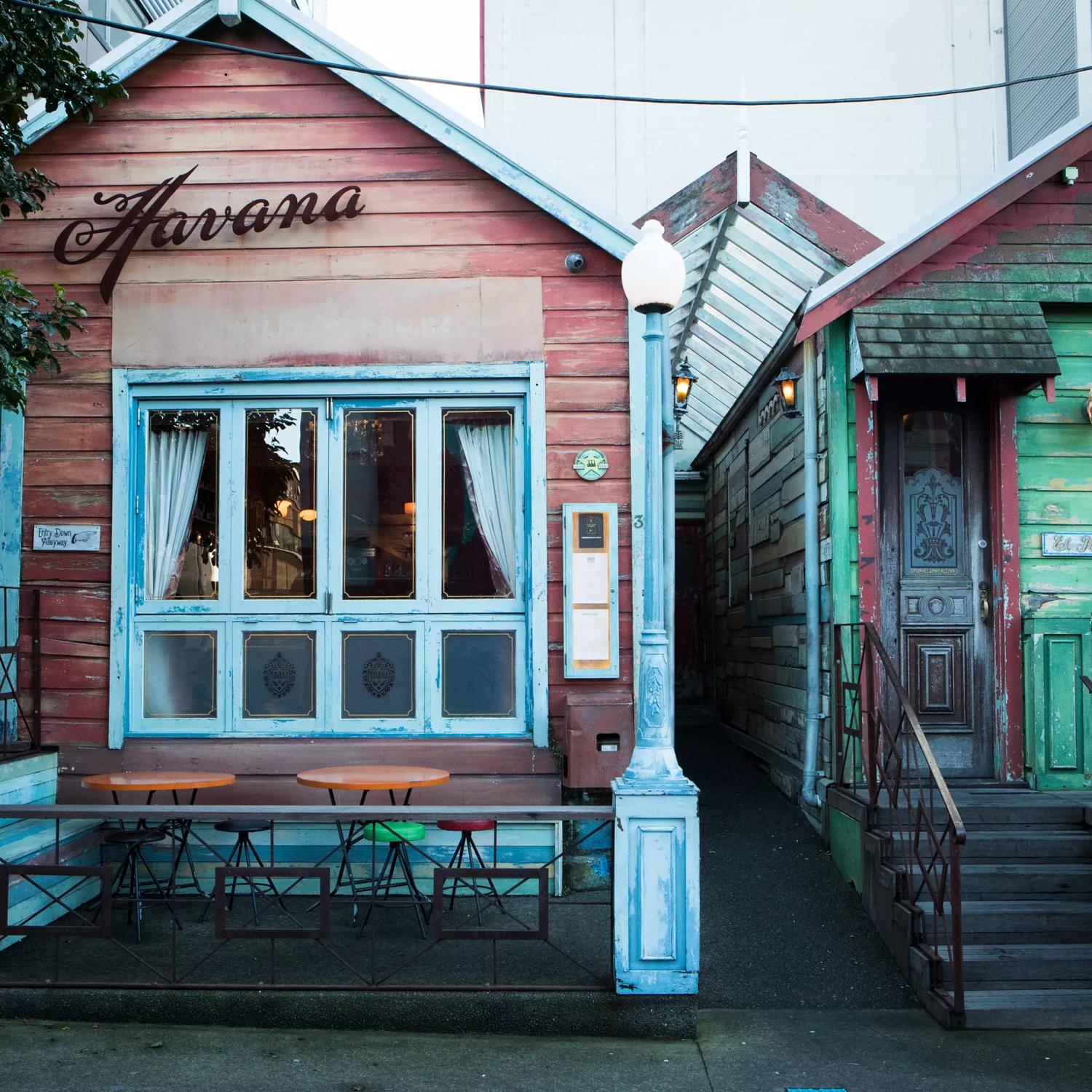 The front facade of Havana Bar, situated in colourful and cosy historic cottages located on Wigan Street in Te Aro, Wellington.