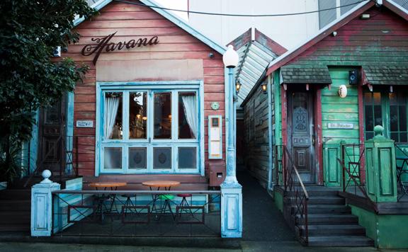 The front facade of Havana Bar, situated in colourful and cosy historic cottages located on Wigan Street in Te Aro, Wellington.