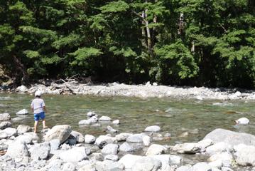 A child stands on rocks by the Te Whakatūrākau Stream on the Donnelly flat loop walk.