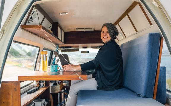 Bianca Grizhar Working remotely for Raygun from their van.