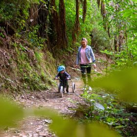 An adult walks with a child riding a tricycle along a nature trail.