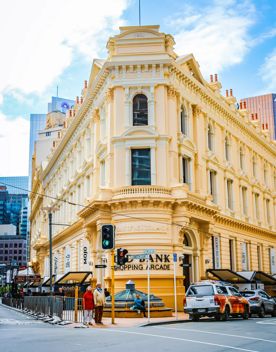 Historic Bank of New Zealand building, now home to The Old Bank Arcade on the corner of Willis Street and Lambton Quay.
